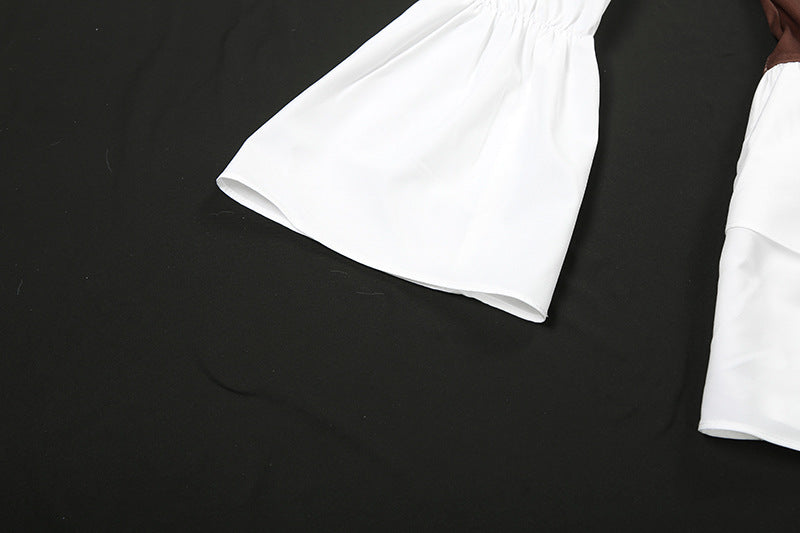 Autumn Women's Sexy Color Block Off Shoulder Puff Sleeve Slim Waist Casual Dress 17