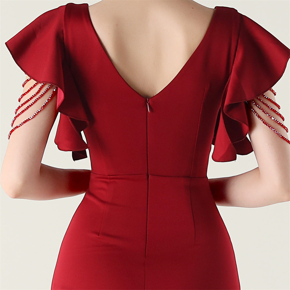 Women beaded tube V neck ruffle draped bead chain bead formal party evening dress 20