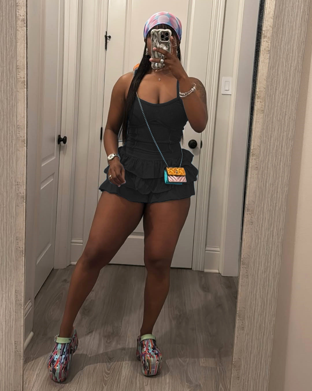 Women's Solid Strap Tank Top and Ruffled Shorts Set