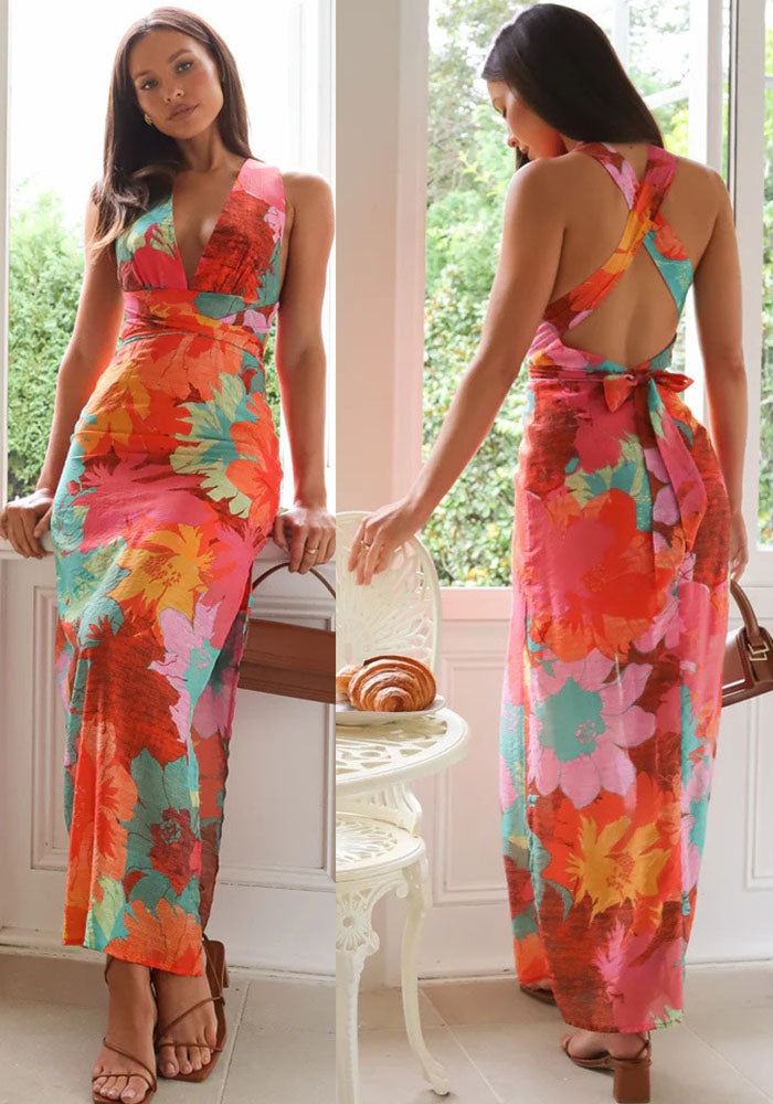 Chic V Neck Printed Lace Casual Summer Midi Dress