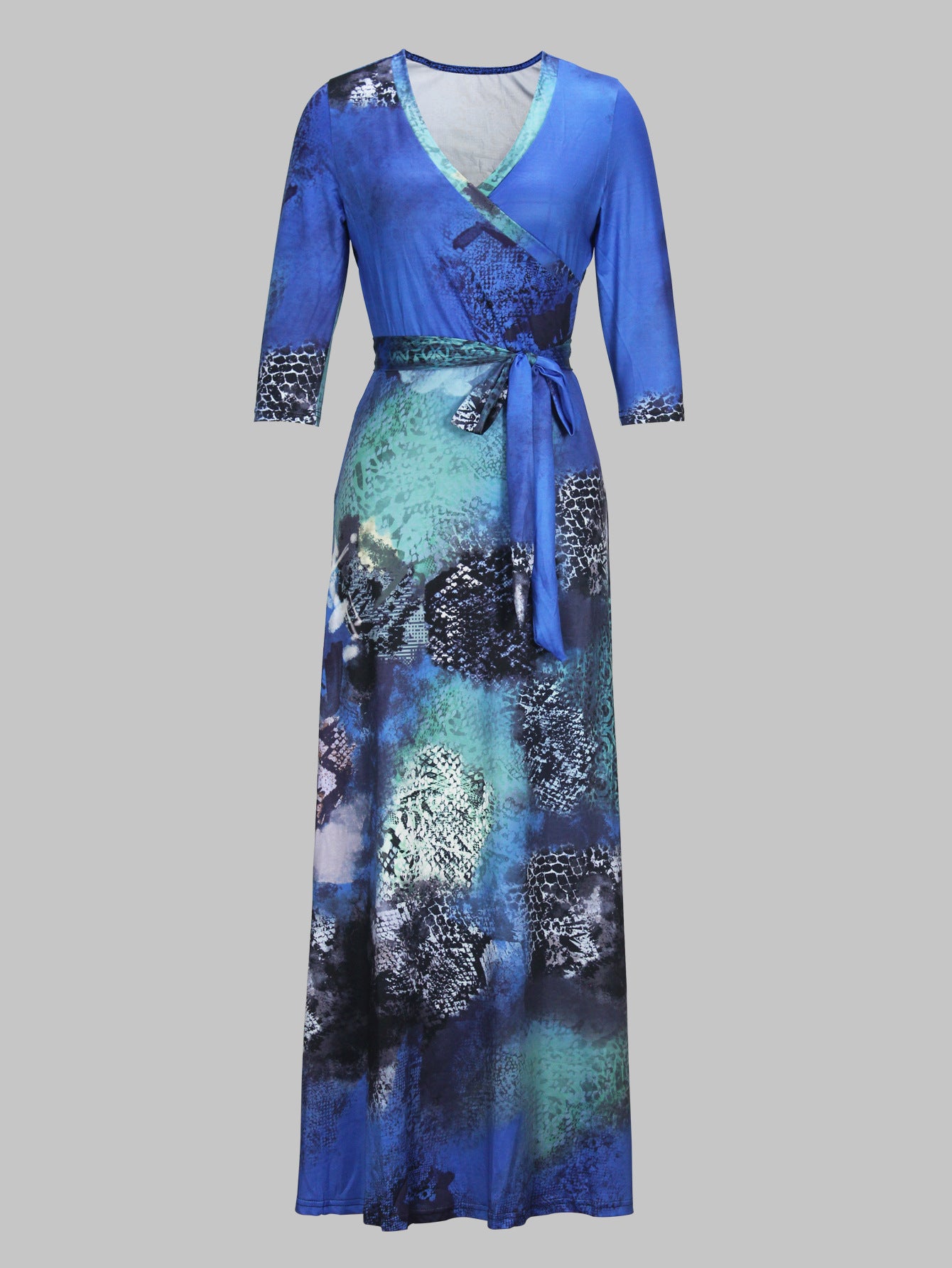 Spring & Autumn Women's Fashion Elegant Wrap V-Neck Half-Sleeve Print Belt Maxi Dress 78