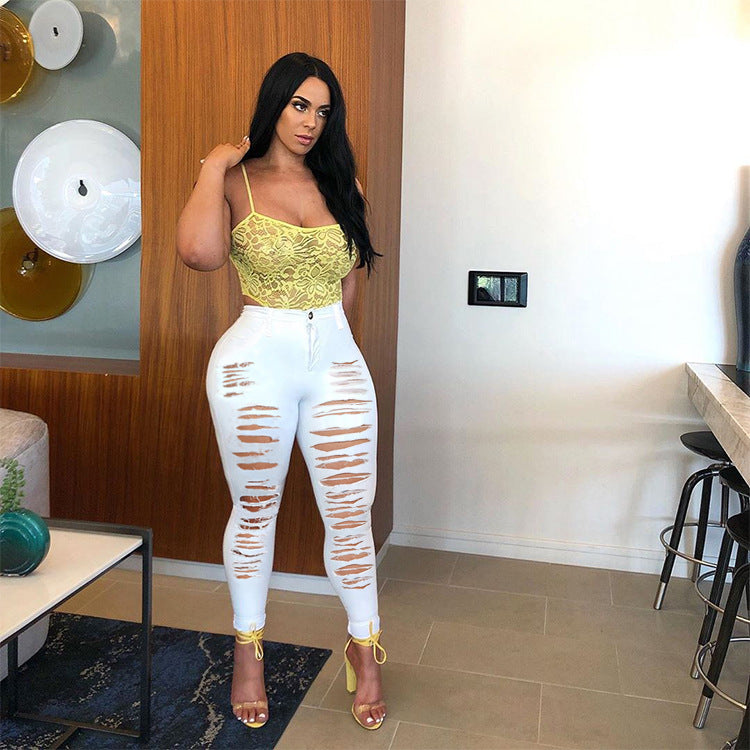 Spring Denim Pants Ripped Plain Black Denim Pants Women's Jeans 7