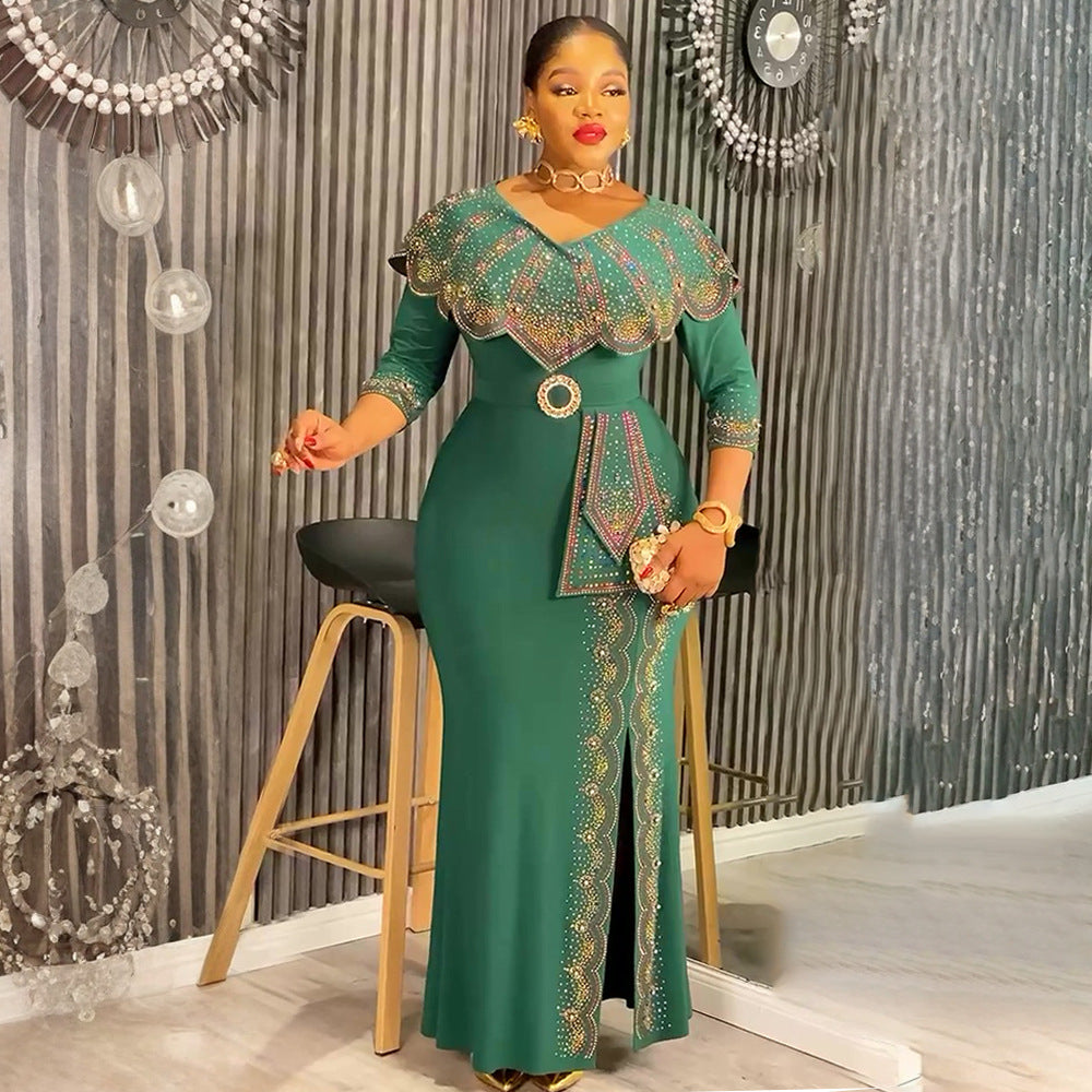 Africa Plus Size Women's Fashion Chic Elegant Formal Party Beaded V-Neck Dress 4