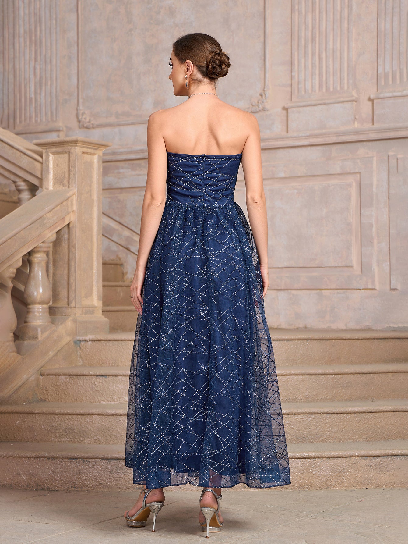 Blue Strapless Mesh Sequins Patchwork Ladies Evening Dress