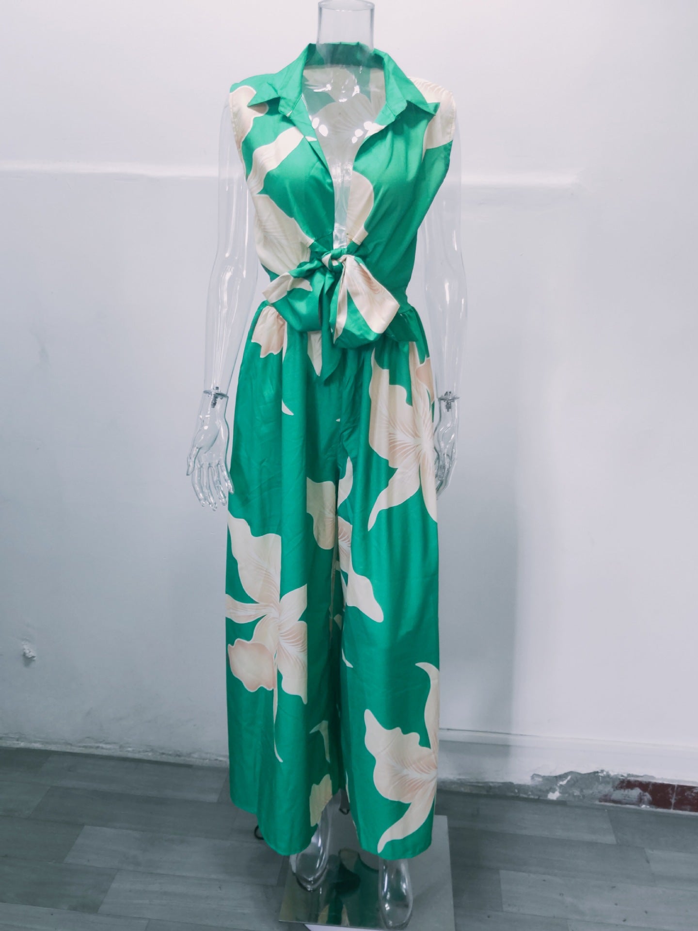 Women'S Fall Fashion V-Neck Sleeveless Turndown Collar Loose Wide Leg Jumpsuit 14