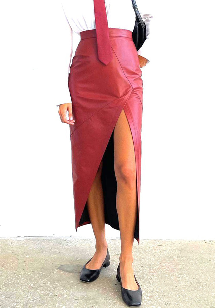 Women Fall Slit Irregular Pu-Leather Skirt