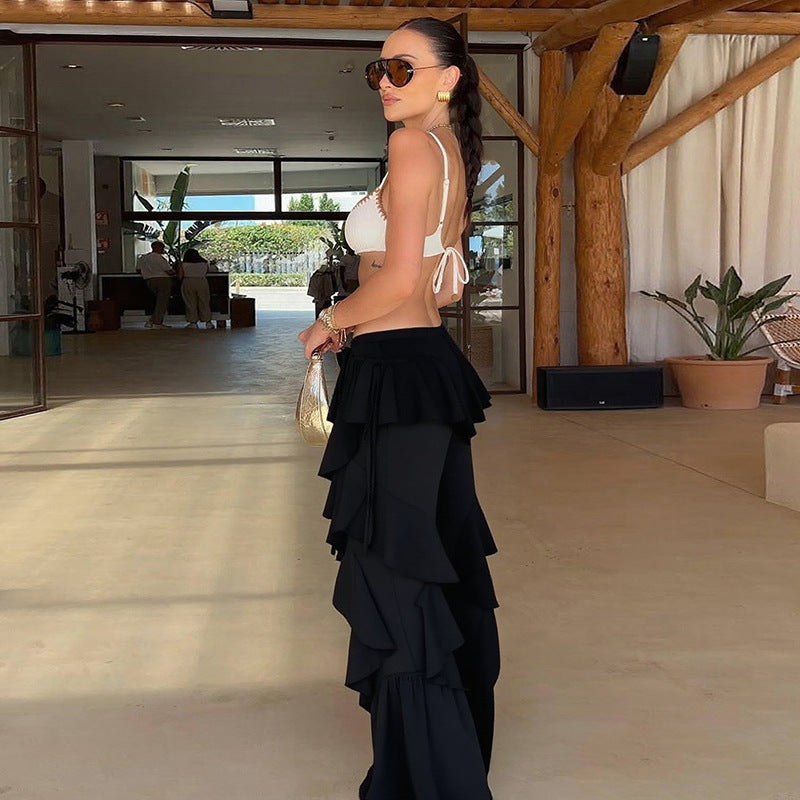 Women Street Lace-Up Patchwork Ruffle Pants 8