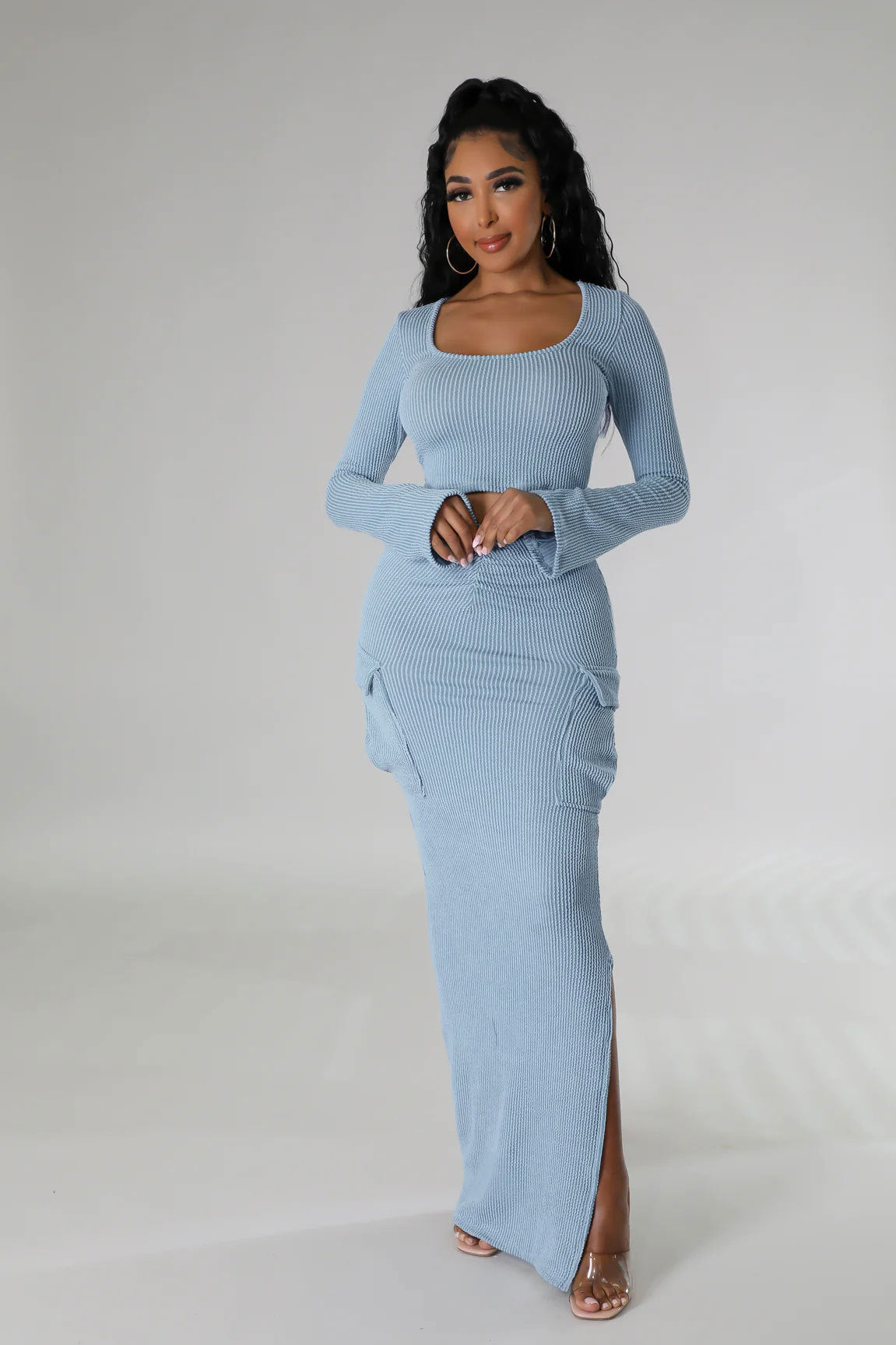 U-neck Tight Fitting short top with high waist and slit Bodycon long skirt autumn and winter two-piece set 16