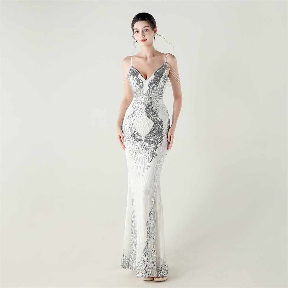 Women dangling beaded chain embroidered sequined V Neck Backless Formal Party evening dress 15