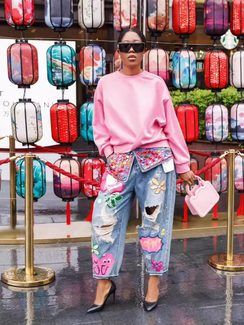 Fashion Beaded Print Cut Denim Pants 4