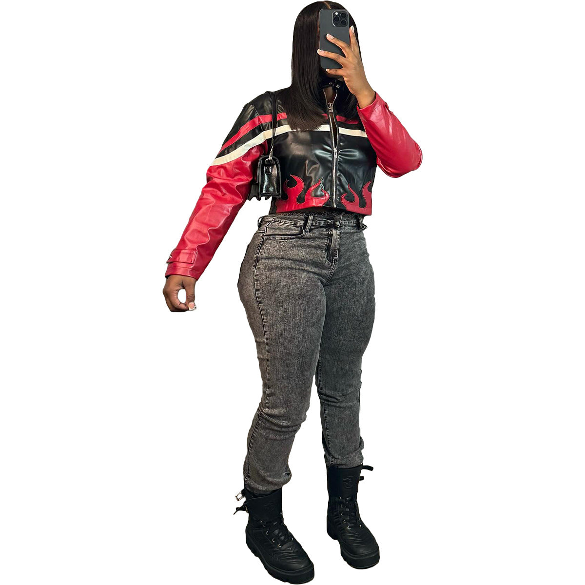 Women's Embroidered Flame Patchwork Leather Jacket 14