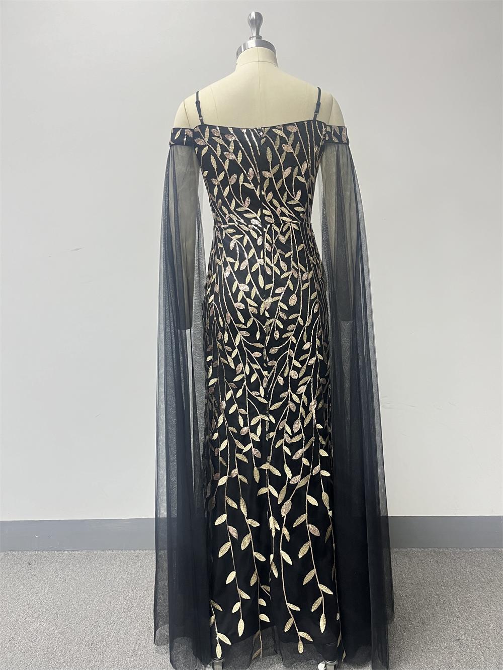 Women black elegant sequin embroidered off-shoulder suspenders formal evening gown 9