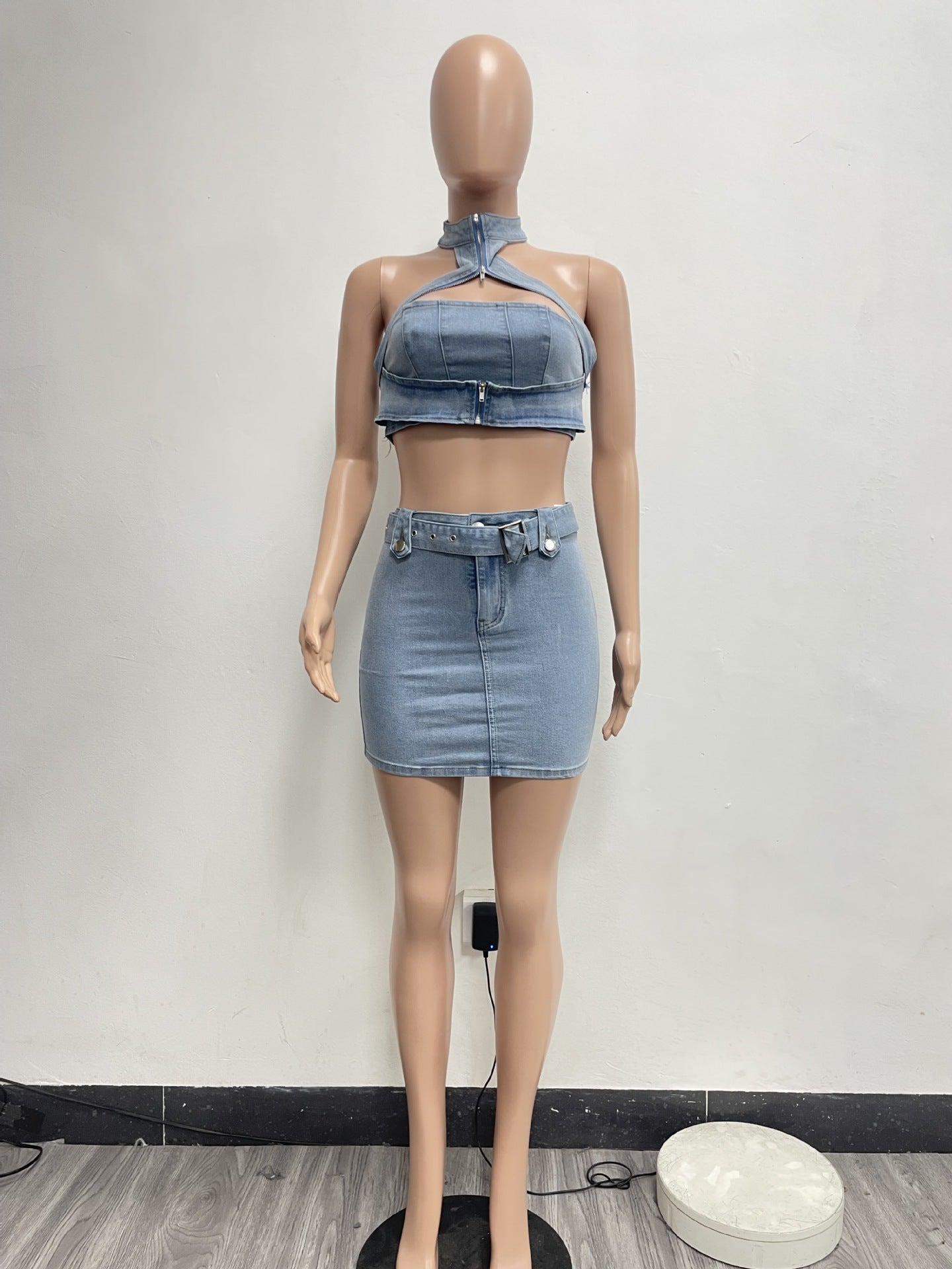 Washed Stretch Denim Halter Neck Zip Sexy Casual Two Piece Skirt Set 6