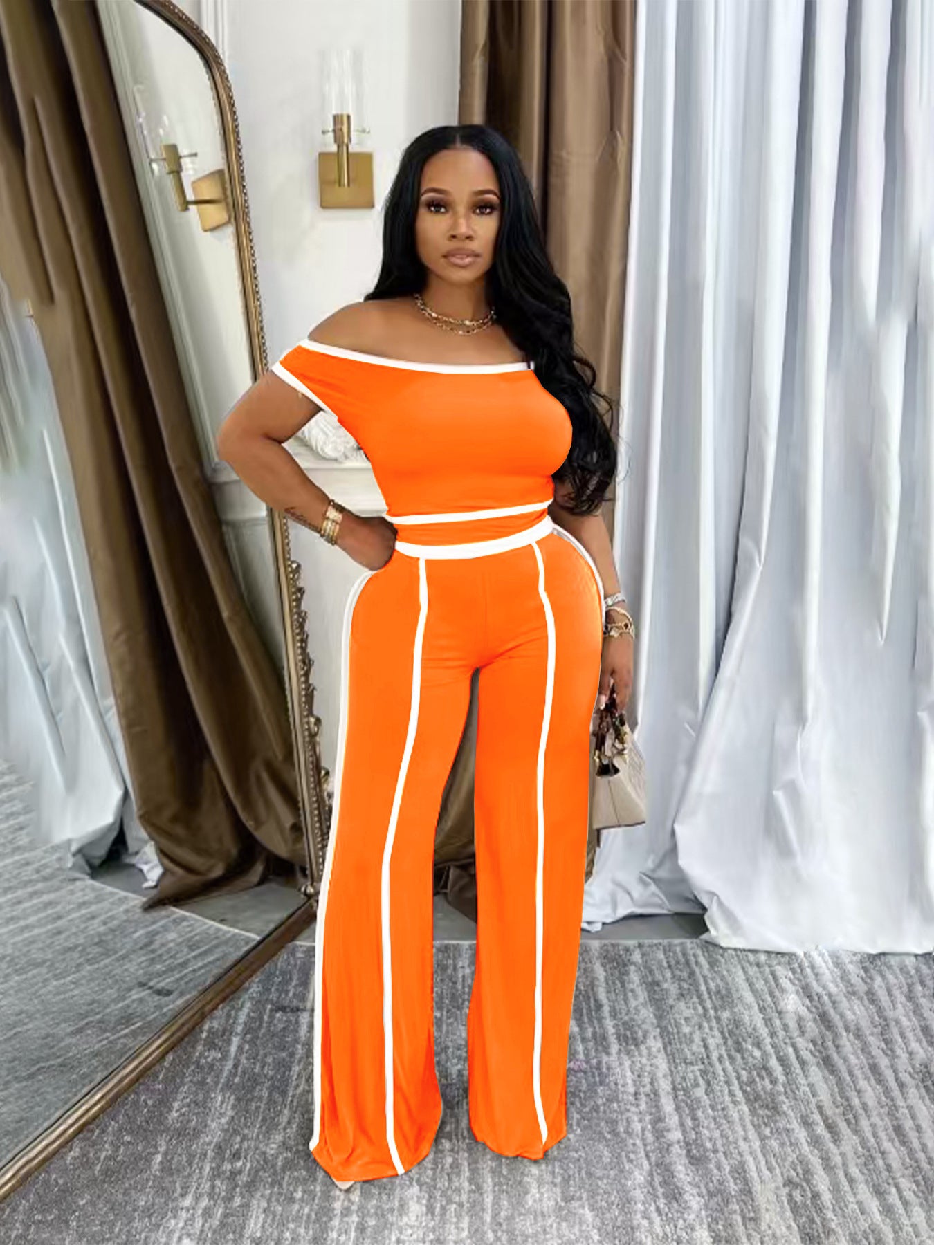 Women Summer Casual Off Shoulder Top and Long Pants Two Piece Set 6