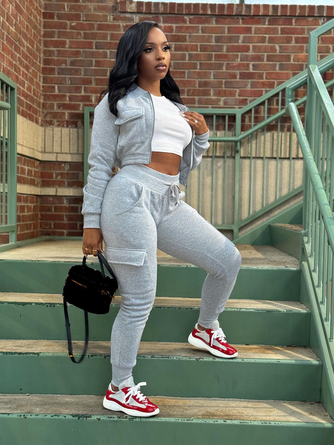 Women Casual Brushed Zipper Patchwork Top and Pants Sports Two-Piece Set 5