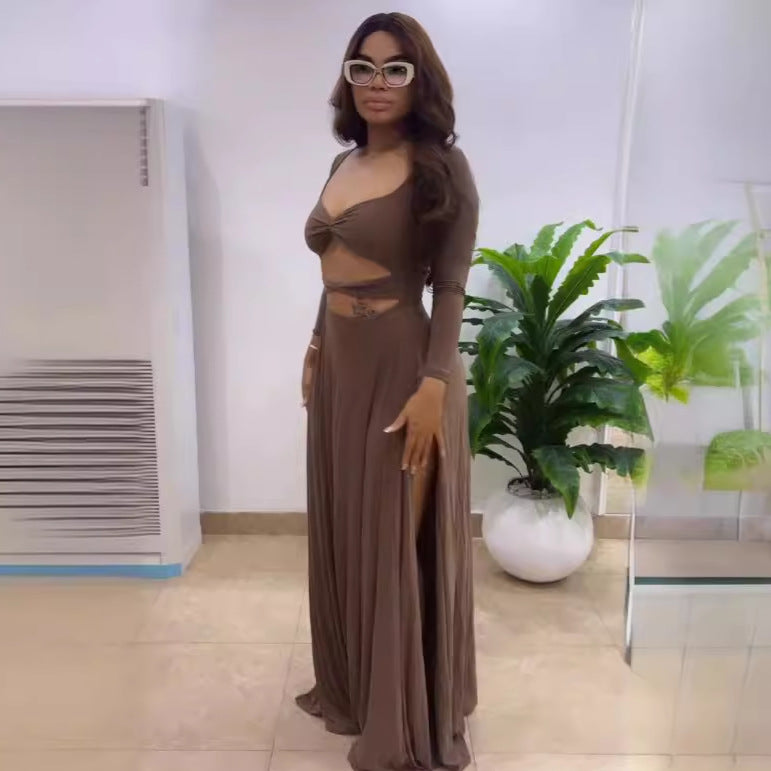 Square Neck Hollow Long Sleeve Tight Fitting Slit Dress 3