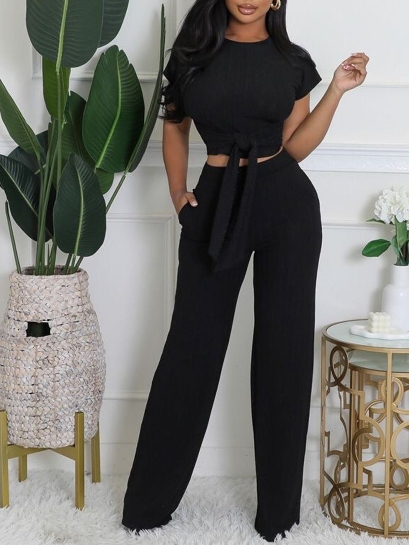 Women Round Neck Short Sleeve Top Casual Pants Two-Piece Set 4