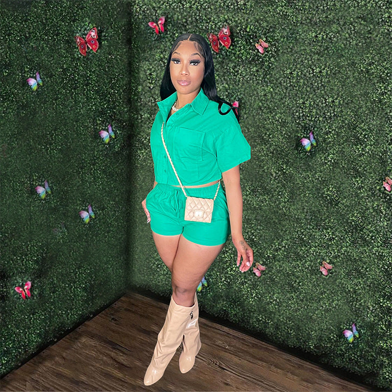 Ladies Short Sleeve Shirt Set Elastic Pocket Shorts Two-Piece Set 8