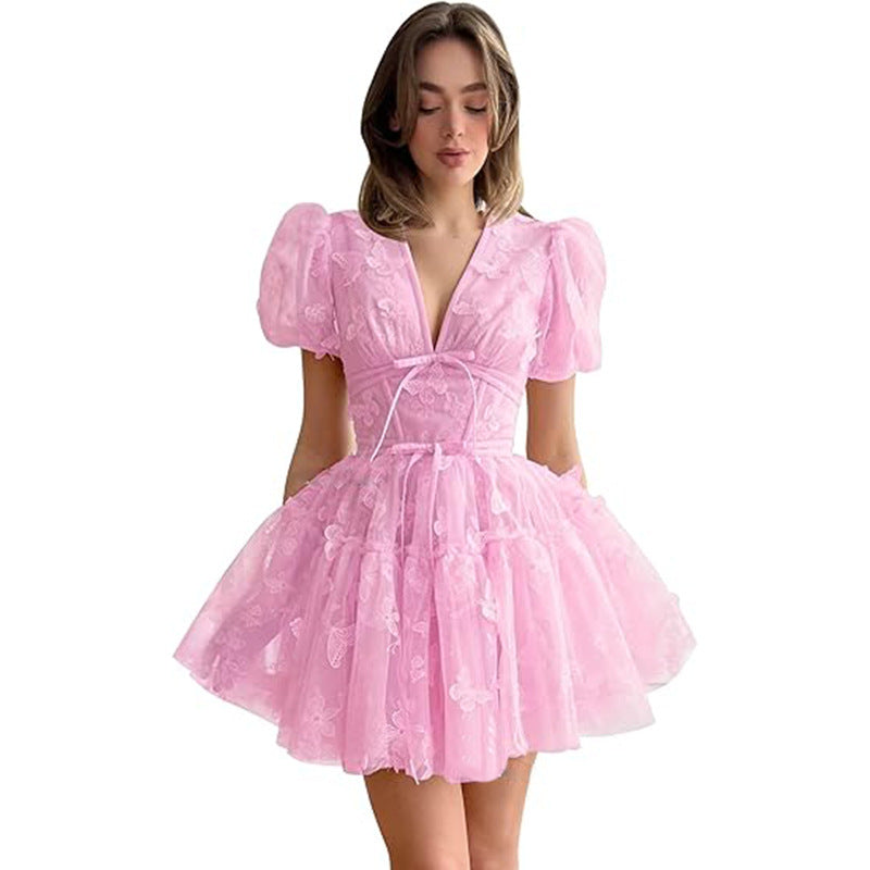 Women bridesmaid dress with flower V-neck short-sleeved dress 24