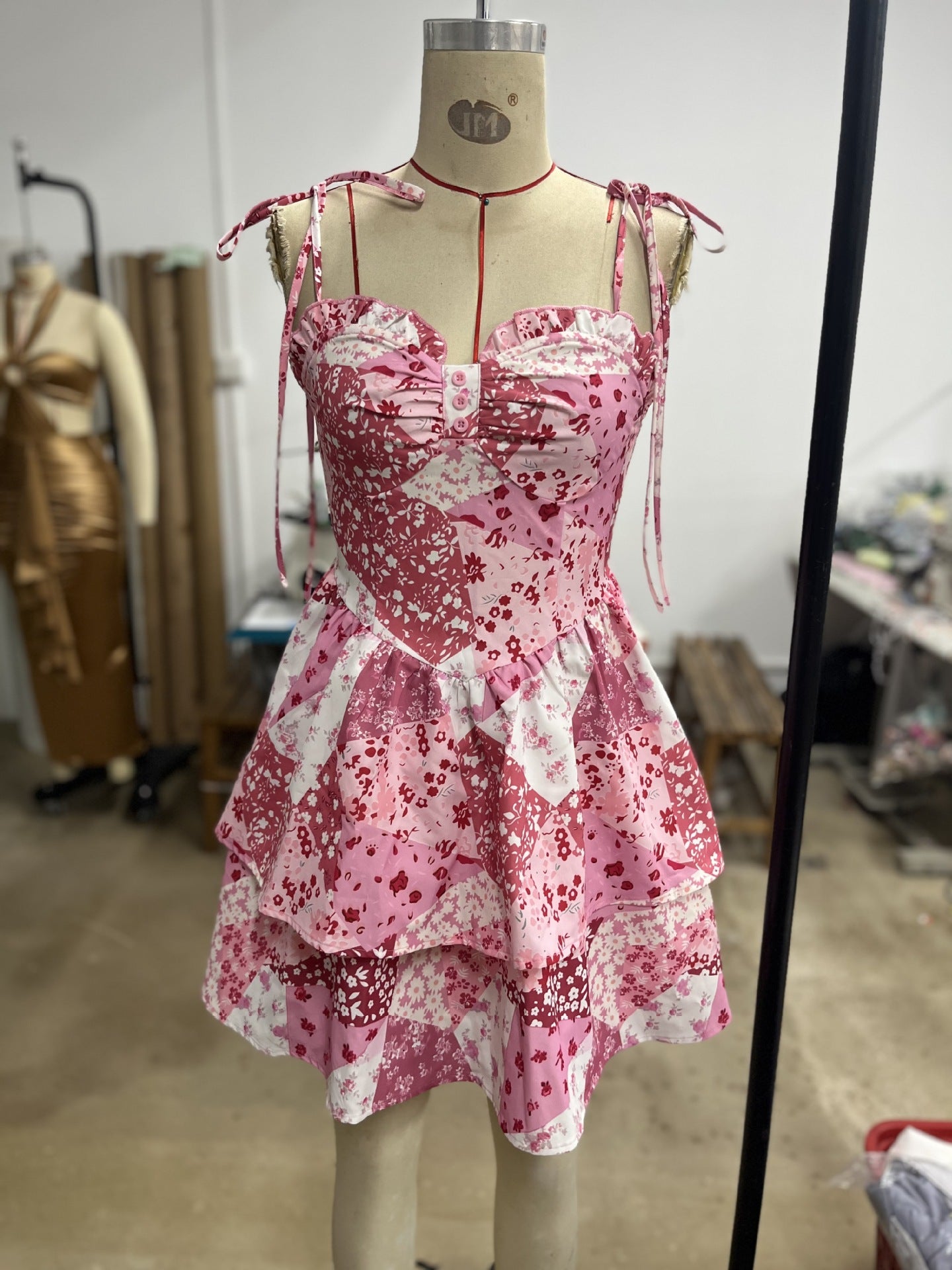 Women floral suspenders Cascading Ruffles Dress