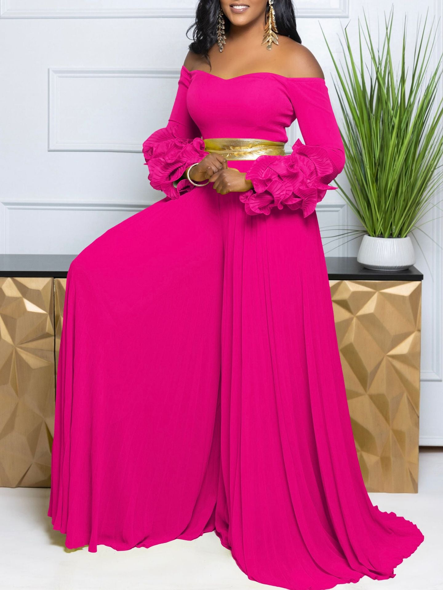 Women Off Shoulder ruffle sleeve solid pleated wide-leg jumpsuit 8
