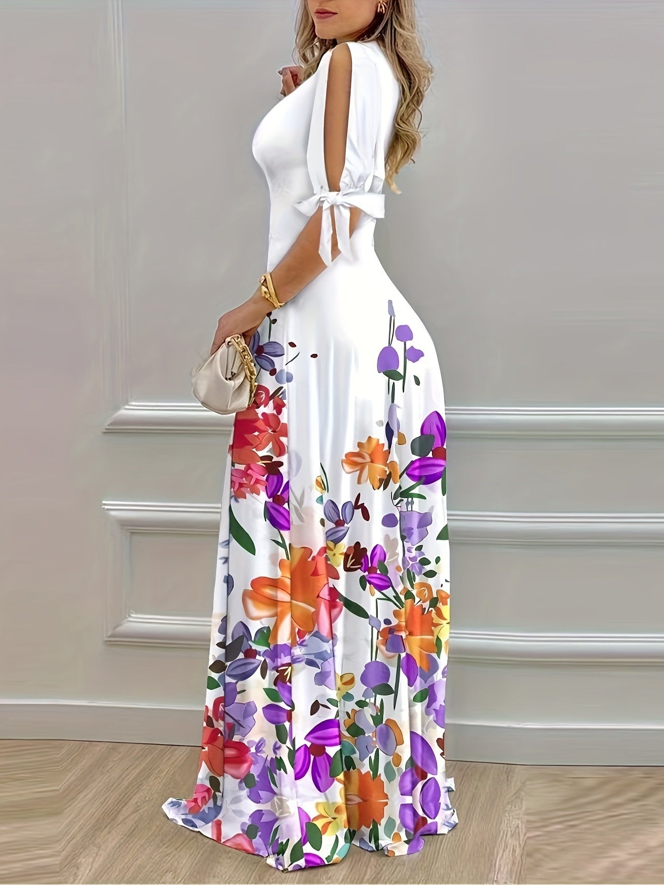 Women spring and summer off-shoulder short-sleeved V Neck print dress 3