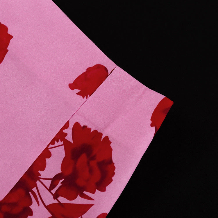 Fashion Print Turndown Collar Long Sleeve Shirt High Waist Split Short Skirt Two Piece Set 15