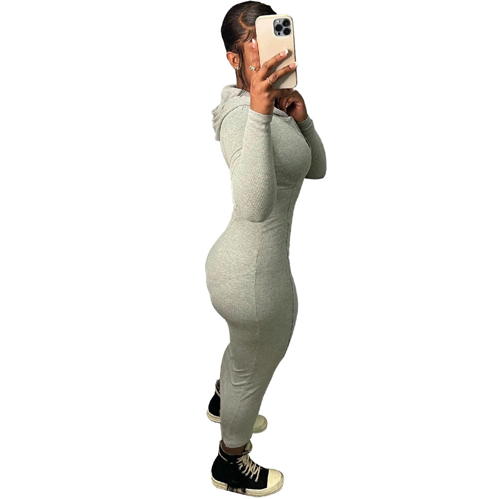 solid color long sleeve hooded zipper tight slim long dress 4