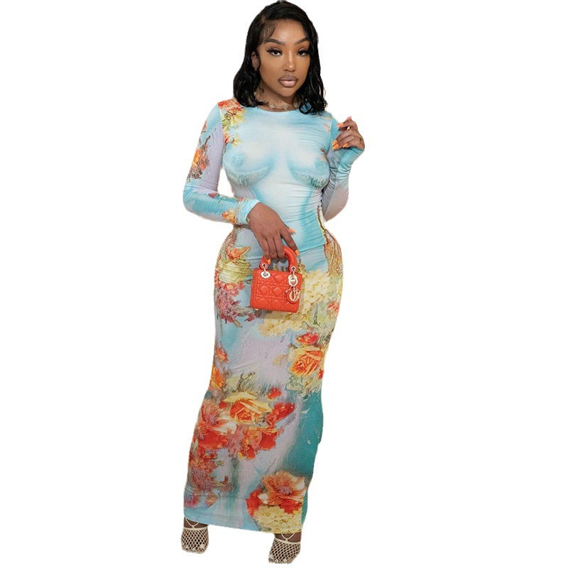 Women Printed Round Neck Long Sleeve Bodycon Maxi Dress 7