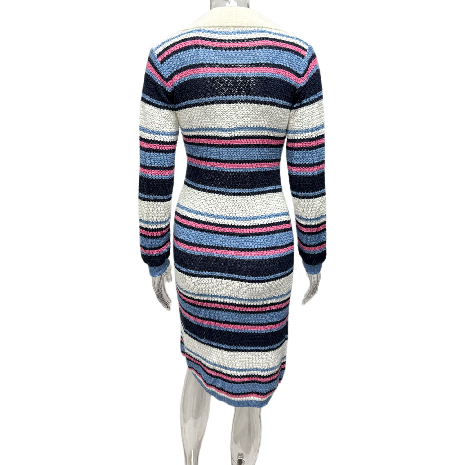 Women's Striped Colorblock Sexy V-Neck Turndown Collar Long Sleeve Bodycon Knitting Dress 8