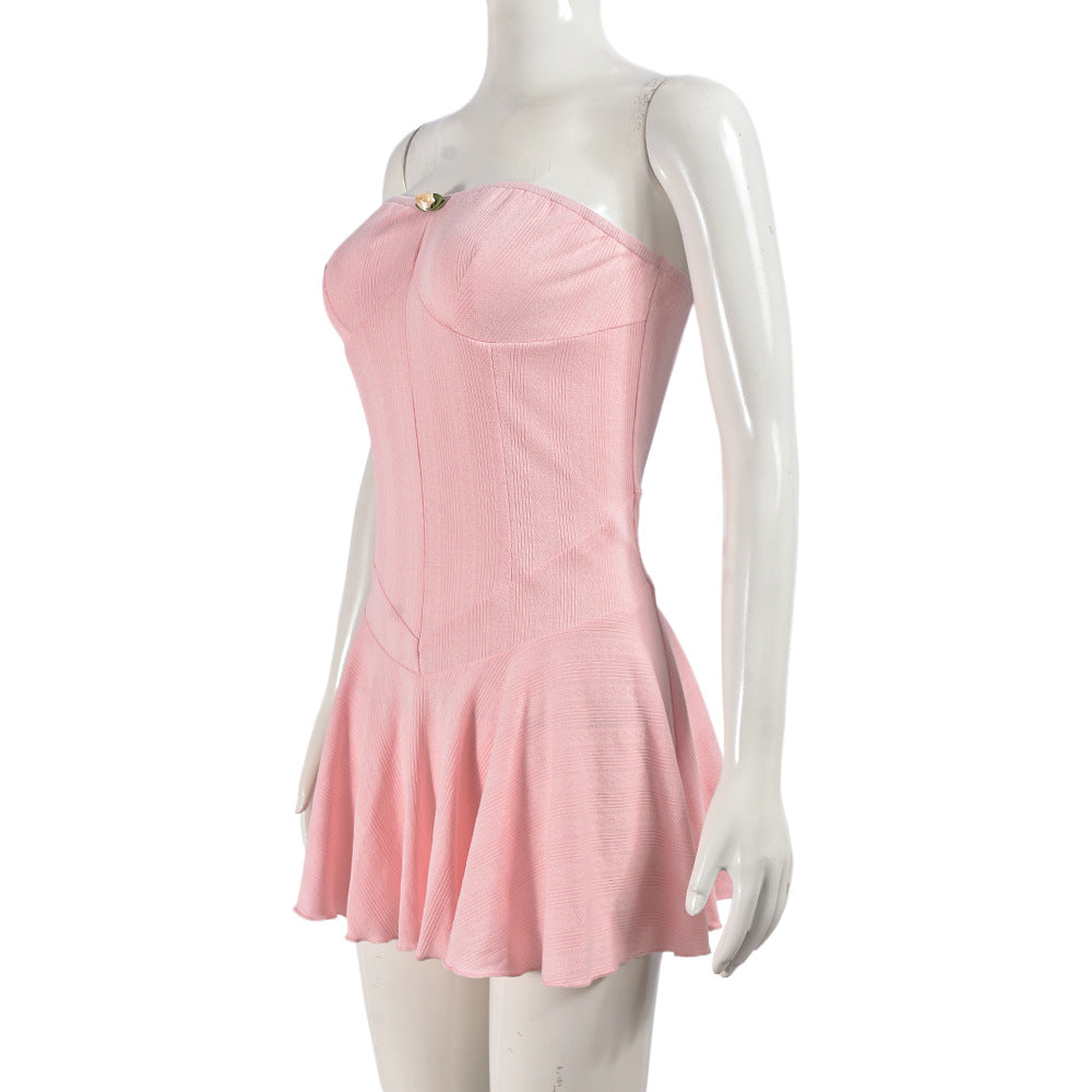 Women Elastic Wrap Backless Off Shoulder pleated skirt 7