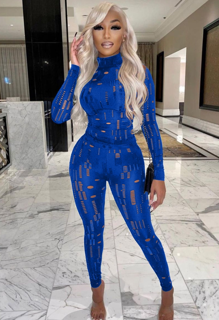 Spring Blue Sexy Hollow Out Tight Top and Pants Two Piece Set