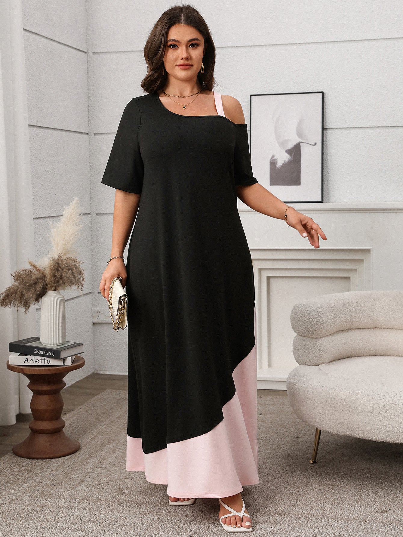 Women Spring and Summer Solid Patchwork Suspender Short Sleeve Dress 4