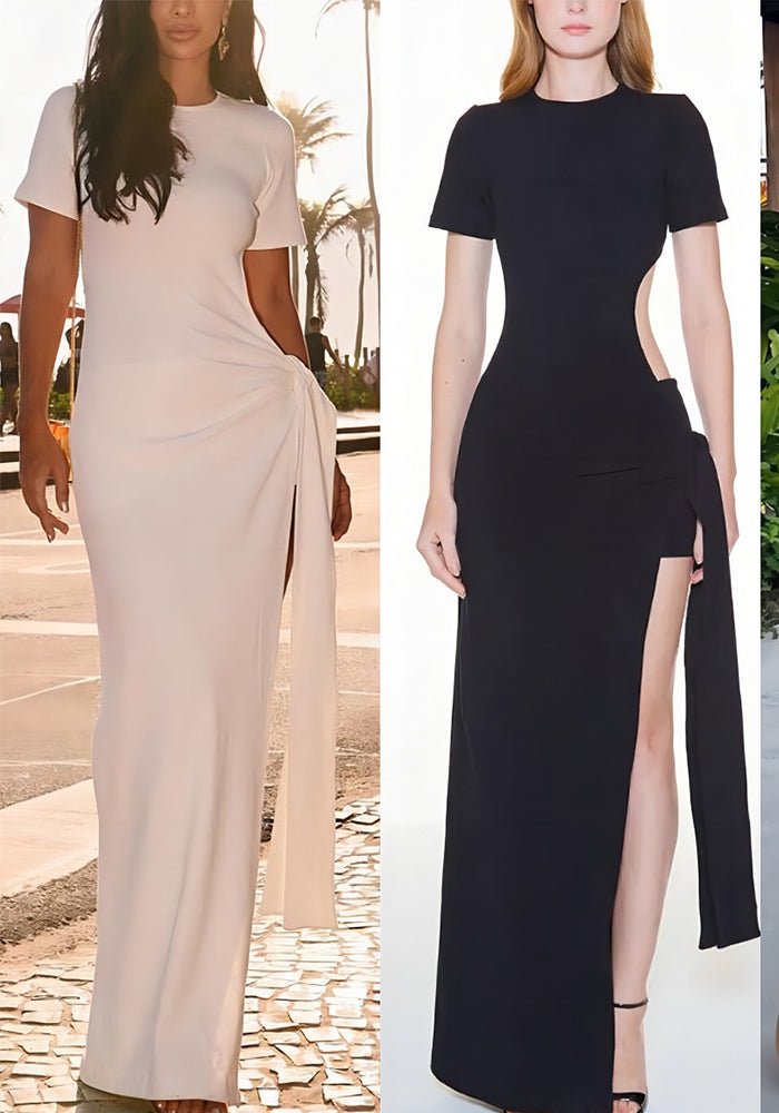 Spring Summer Low Back Lace-Up Slim Sexy Slit Solid Color Long Dress