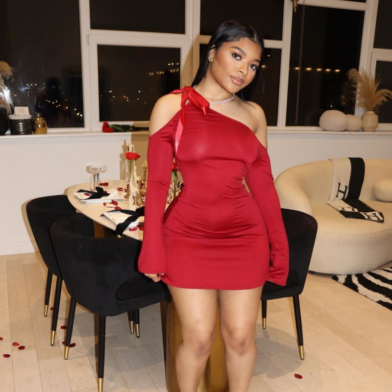 Women Spring Solid Slash Shoulder Strappy Off Shoulder Long Sleeve Dress 3