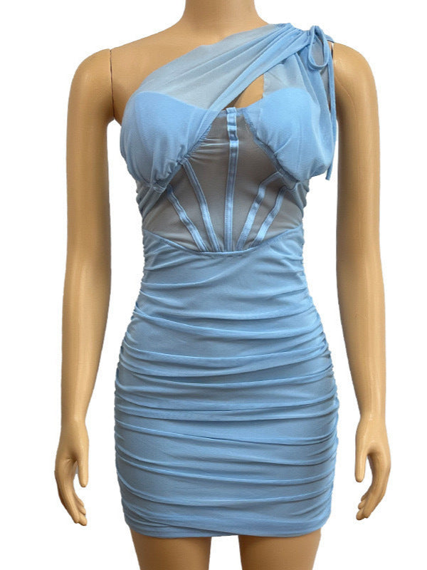 Women sexy Slash Shoulder See-Through Bodycon Solid Dress