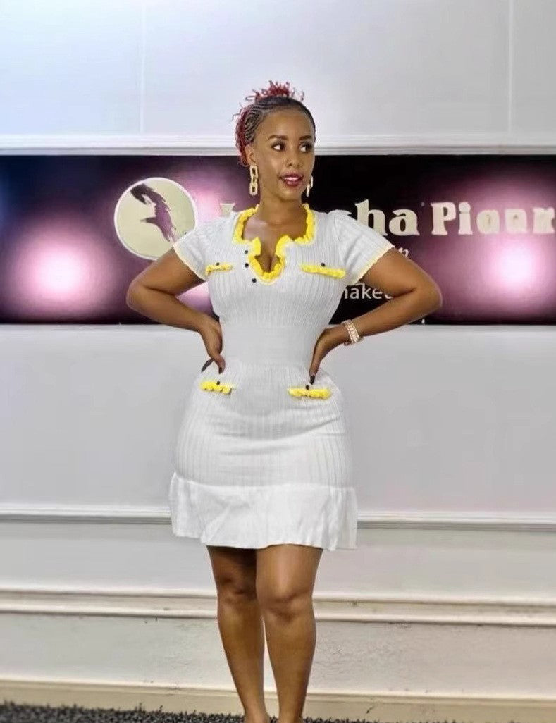 Women's Summer Fashion U-Neck Short Sleeve Ruffle Knit Dress 3