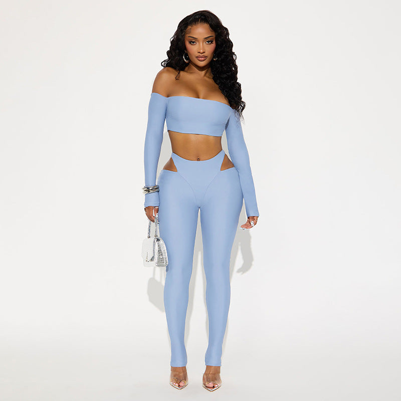Women's Autumn Off-Shoulder Crop Top & High-Waist Hollow Out Pants Set 4