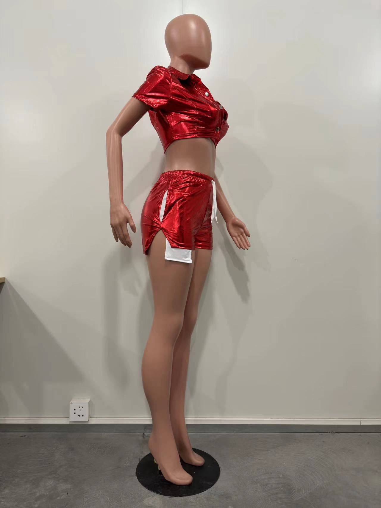 Women's Deep Pocket Slit Pu Leather Short Front Short Back Long Shorts Two-Piece Set 32