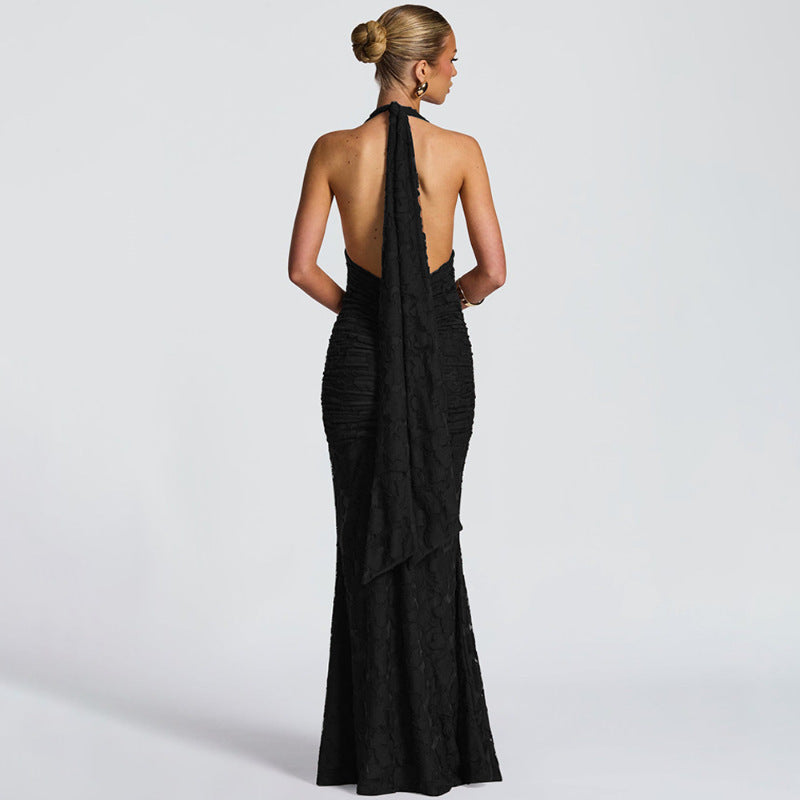 Women's Sexy Deep V Low Back Laced Crinkle Mermaid Long Dress 6