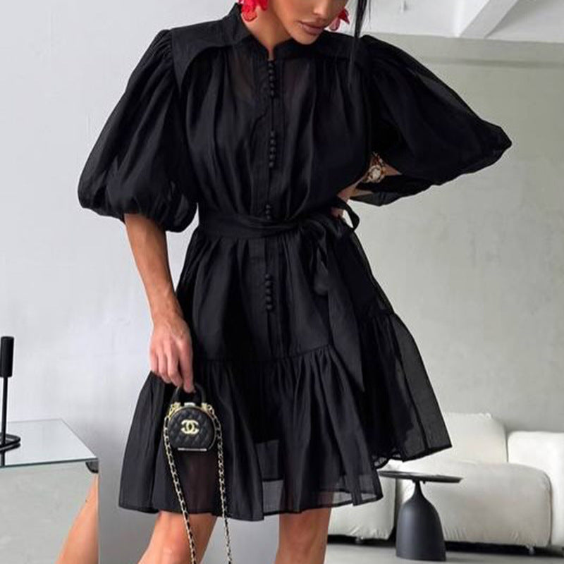 Women Solid Puff Sleeve Short Skirt Lace-Up Dress 3