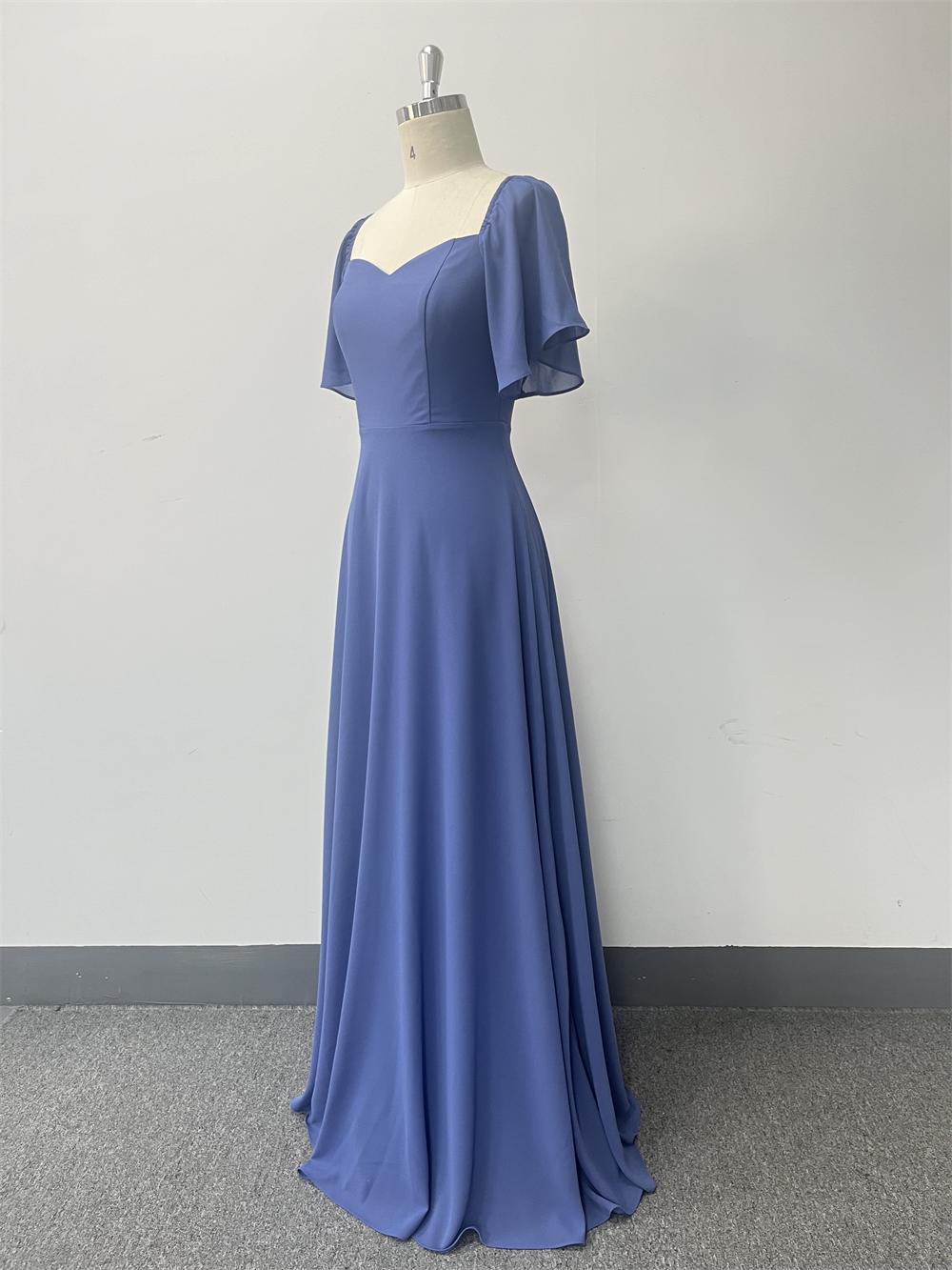 Chiffon Short Sleeve A-Line Dress Low-Back Elegant Evening Gown 9