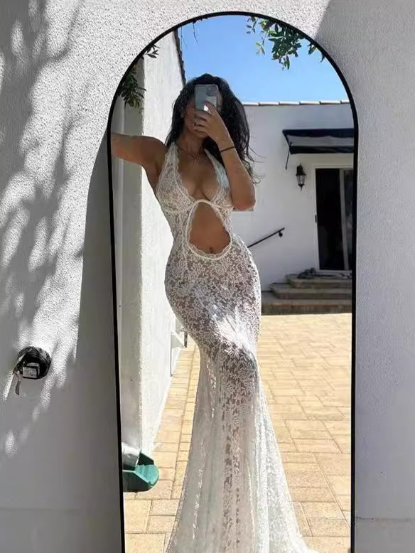 Women Summer Chic Lace Hollow Halter Neck Sexy Backless Solid Dress 4