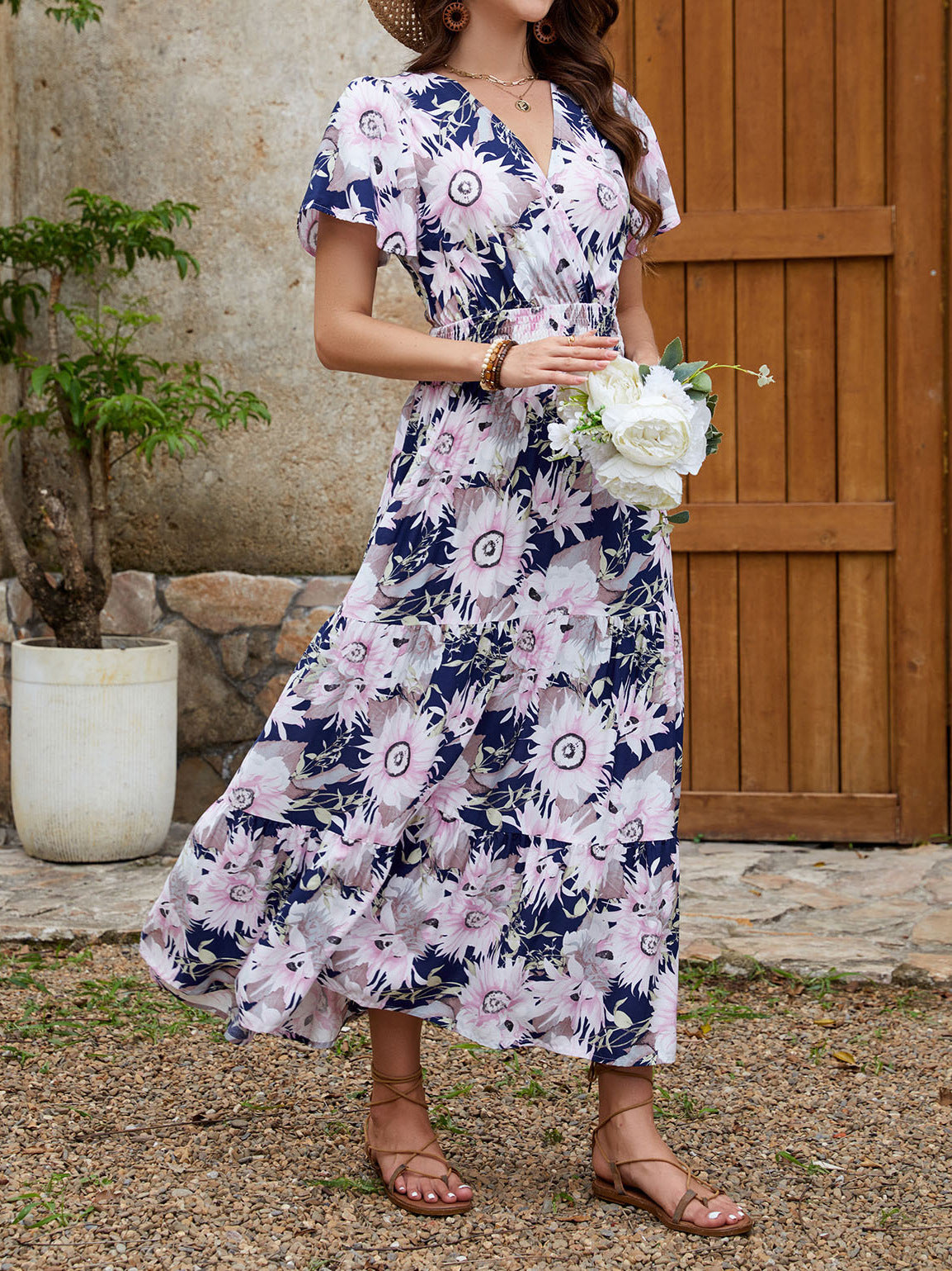 Women V-neck ruffle print Holidays dress 5