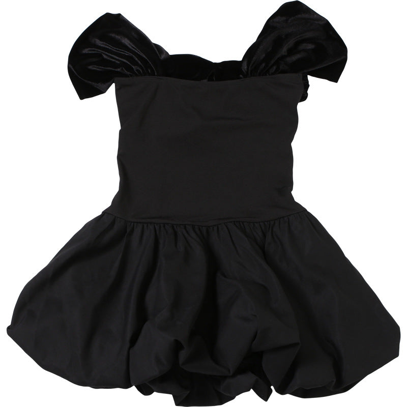 Lady's Spring Elegant Short Sleeve Hollow Velvet Bubble Dress 11