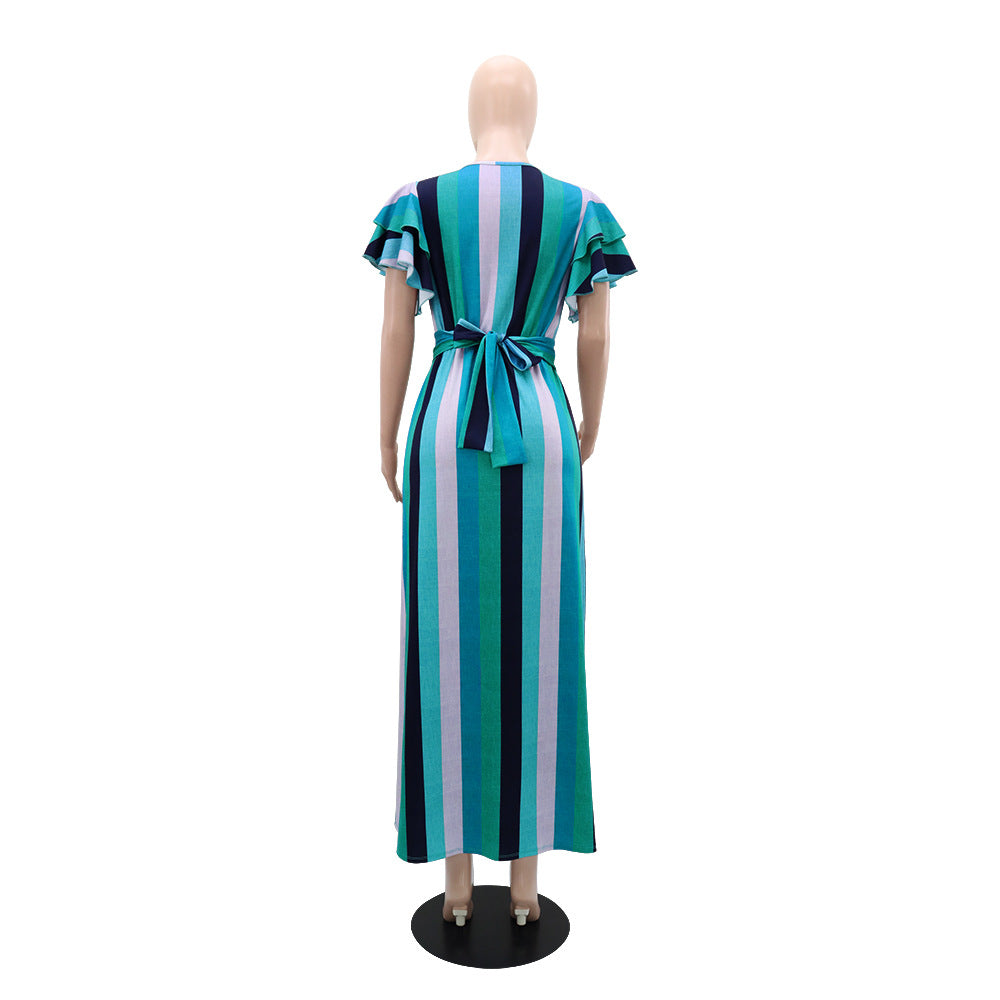 Women Striped Print Lace-Up Ruffle Sleeve Maxi Dress 5