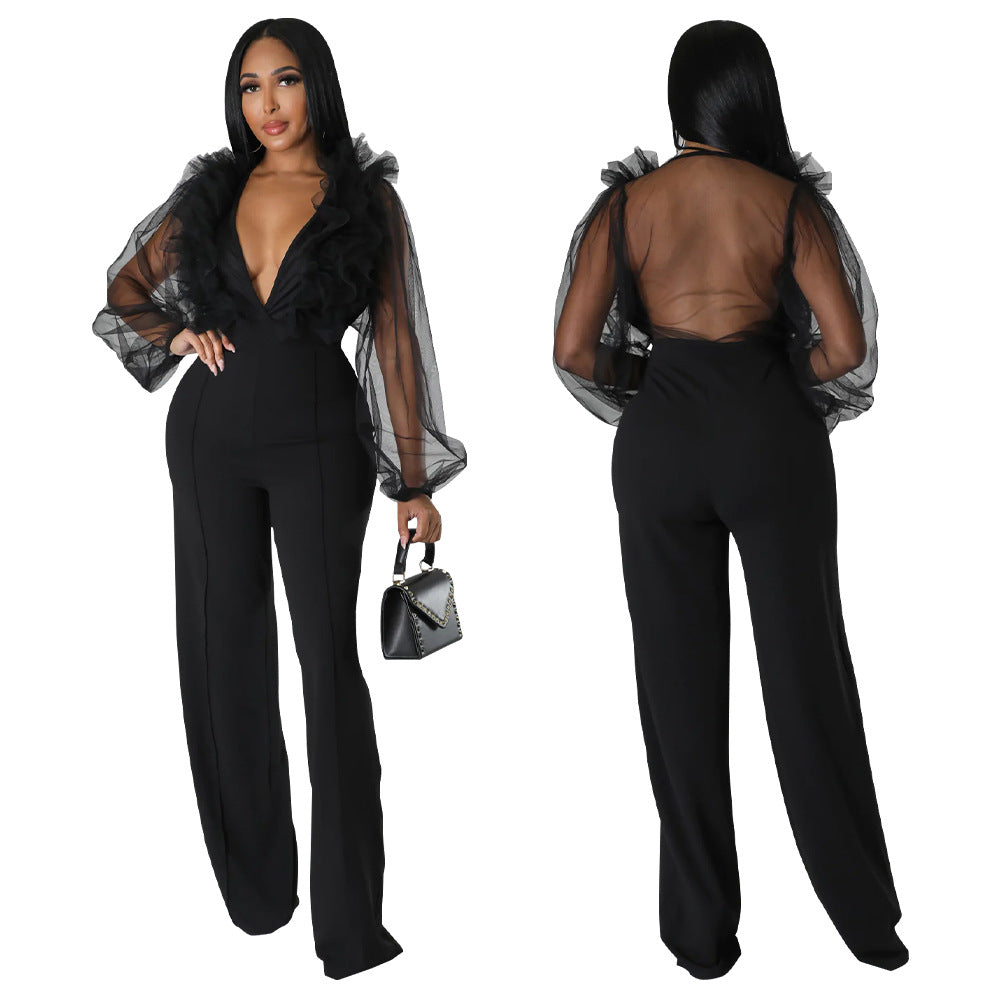 Women Mesh Balloon Sleeve V-Neck Backless Jumpsuit 5