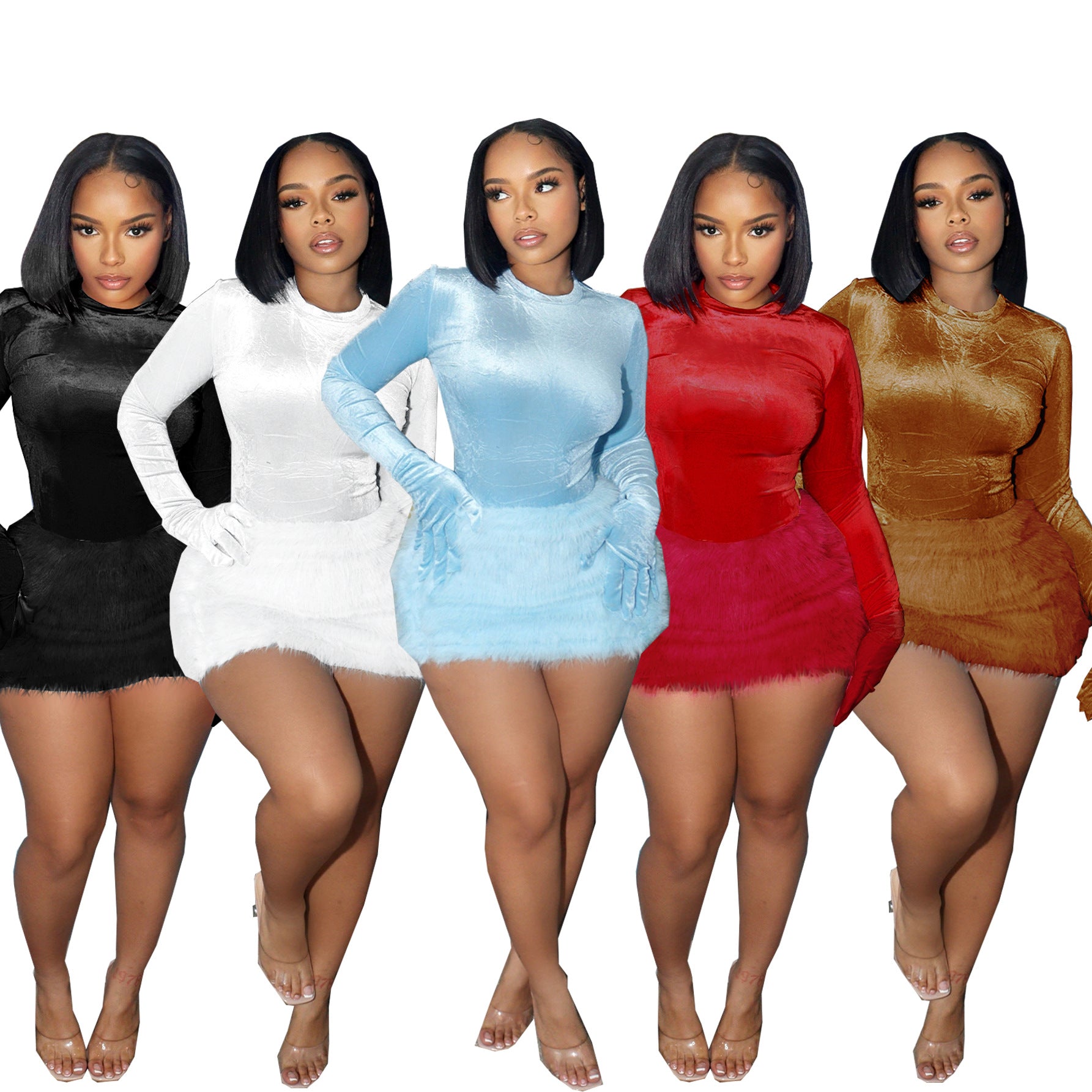 Women's Autumn Winter Tight Fitting Bodysuit Sexy Plush Short Skirt Set(Without Gloves) 12
