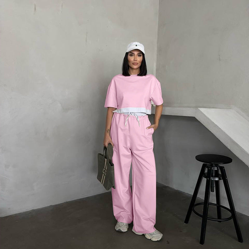 Women Summer Solid Round Neck Short Sleeve Top and Casual Wide Leg Pants Two-Piece Set 3