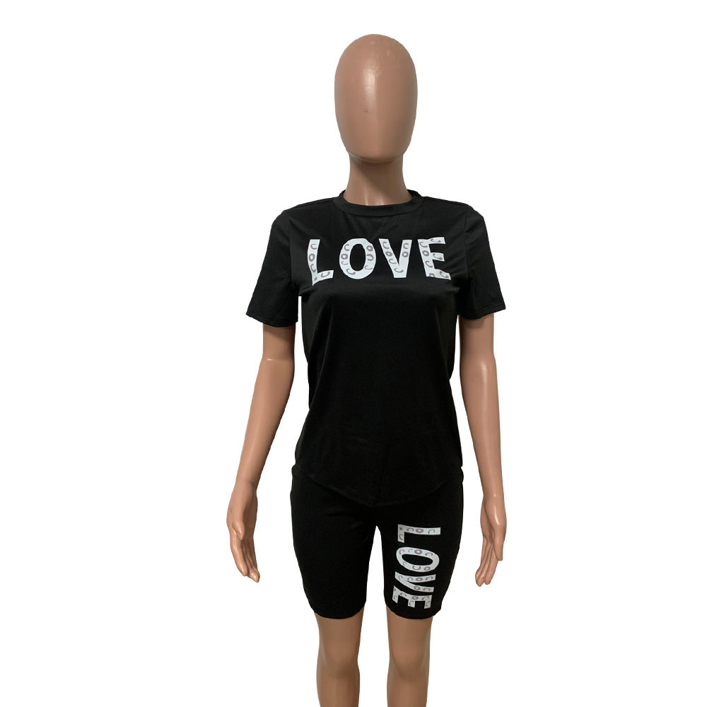 Summer Women's Round Neck Letter Short Sleeve Shorts Solid Color Shorts Set 9